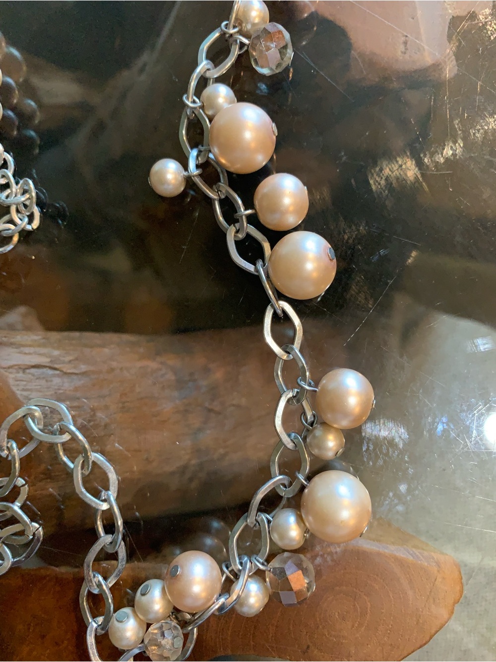 Pearl Drop Chain Necklace - Champagne Pearl and Silver